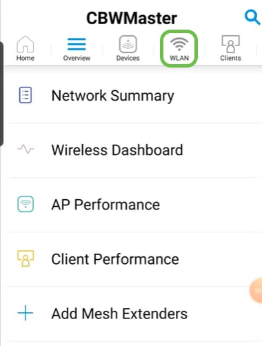 Connect to your Cisco Business wireless network on your mobile. Log into the application. Click on the WLAN icon on the top of the page.