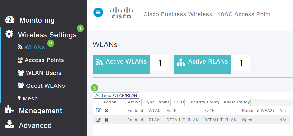 A Wireless Local Area Network (WLAN) can be created by navigating to Wireless Settings > WLANs. Then select Add new WLAN/RLAN.