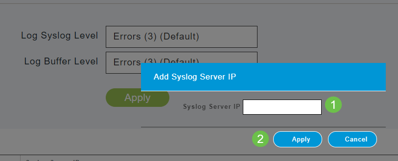 In the Syslog Server IP field, enter the IPv4 address of the server to which the Syslog messages should be sent. Click Apply. 