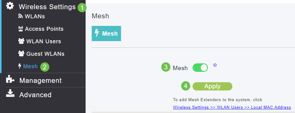The AP can’t be in mesh mode for an RLAN to work. To turn mesh mode off, navigate to Wireless Settings > Mesh. Select to turn mesh off.