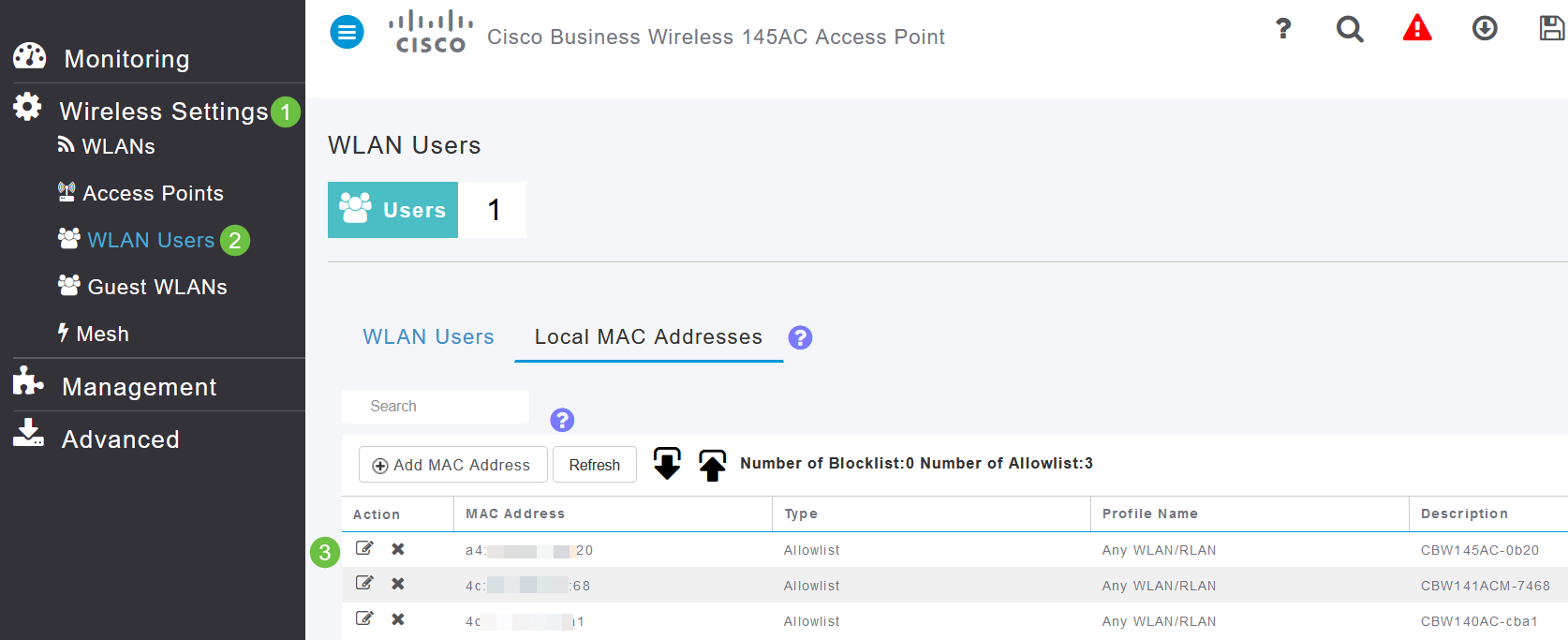 You can label each MAC address one of two ways: 1. Whitelisted – The device receives automatic access. 2. Blacklisted – The device will be denied access. 