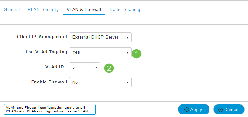 Under the VLAN & Firewall tab you can select to Use VLAN Tagging and select a VLAN ID number. 