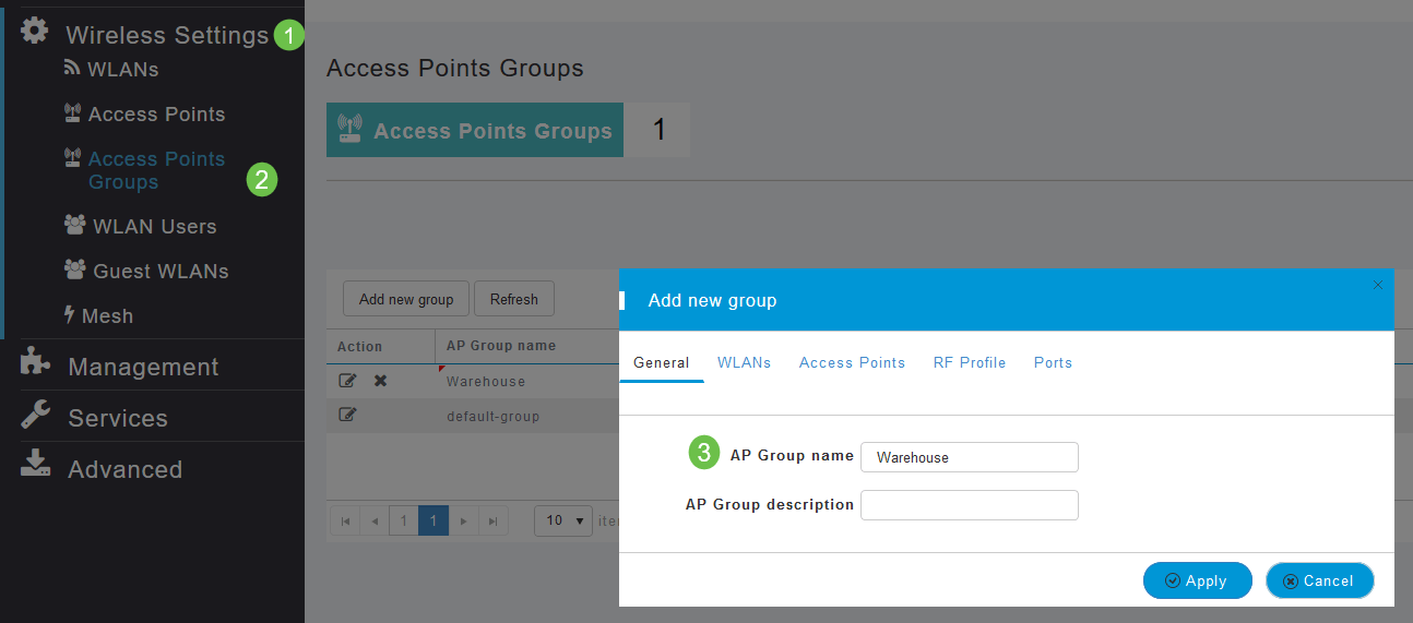 Now that the RLAN is created, you can navigate to Wireless Settings > Access Point Groups. This is where you can add or edit groups. To view this screen, you need to be in Expert View, which you selected in Step 10a. 