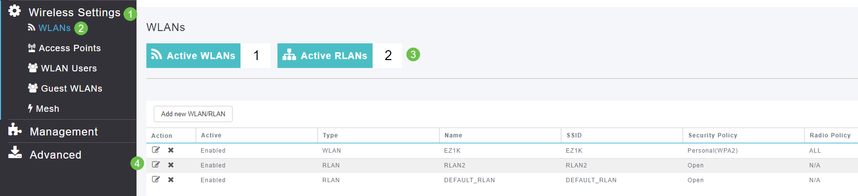 To view the RLAN you created, select Wireless Settings > WLANs. You will see the number of Active RLANs raised to 2 and the new RLAN is listed. 