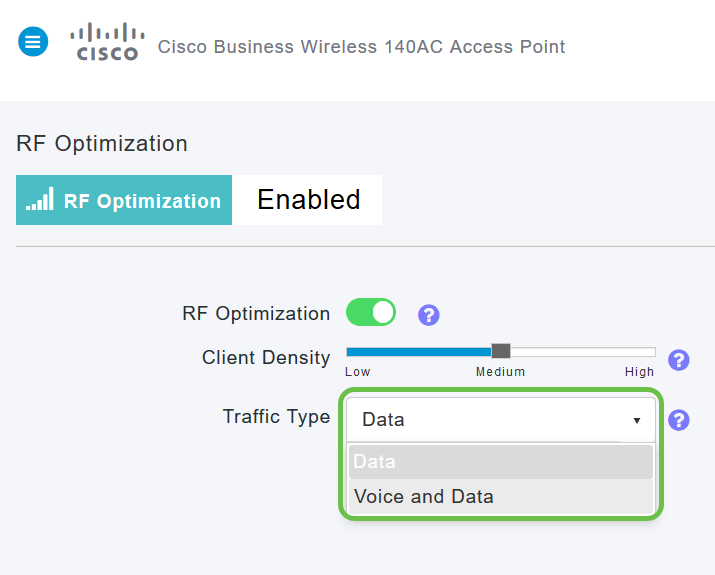 In this continuation, the traffic type drop-down box is active revealing two options: data, voice and data.