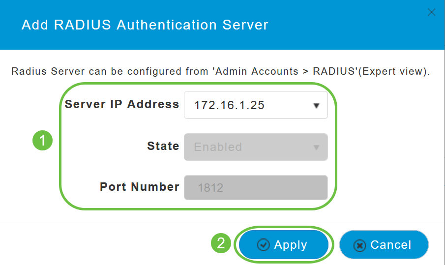 Verify the details of the RADIUS Authentication Server that you have configured and click Apply. 