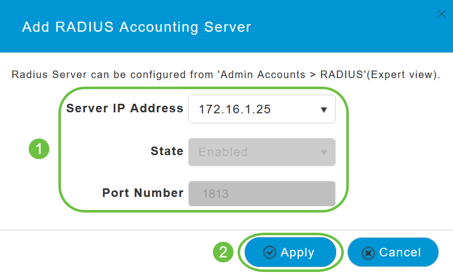 Verify the details of the RADIUS Accounting Server that you have configured and click Apply.