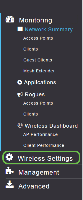 The main menu, Wireless Settings is highlighted for user click.