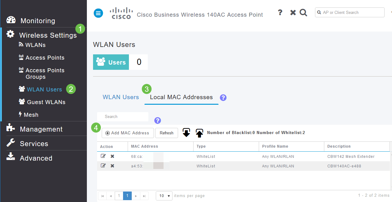 1. Select Wireless Settings 2. Select WLAN Users 3. Select Local MAC Addresses 4. Select Add MAC Address 