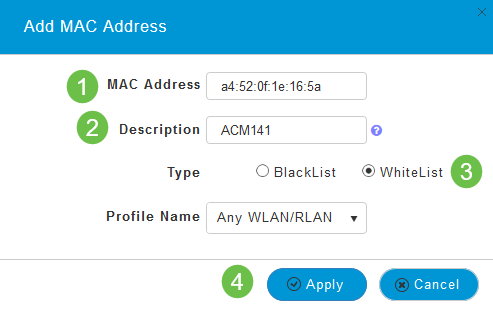 1. MAC Address 2. Description (up to 32 characters) 3. Select the Allow List radio button 4. Click Apply 