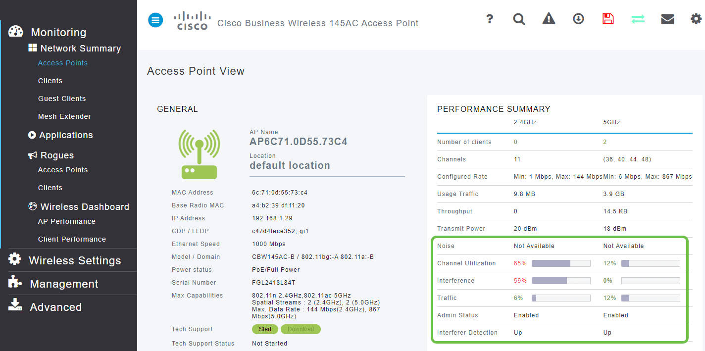 Once the Access Point View opens, look over the information under Performance Summary. 