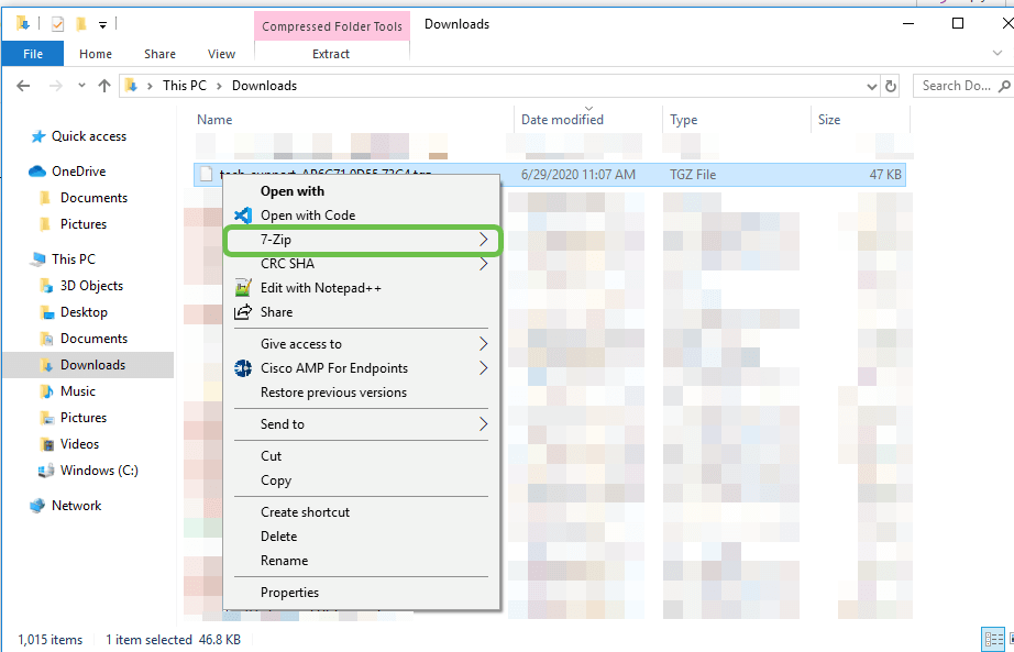 Right-click and select the unzip application that you would like to use. In this example, 7-Zip was used. Select to extract the files to the location you select. By default, the files are sent to the Downloads folder. 
