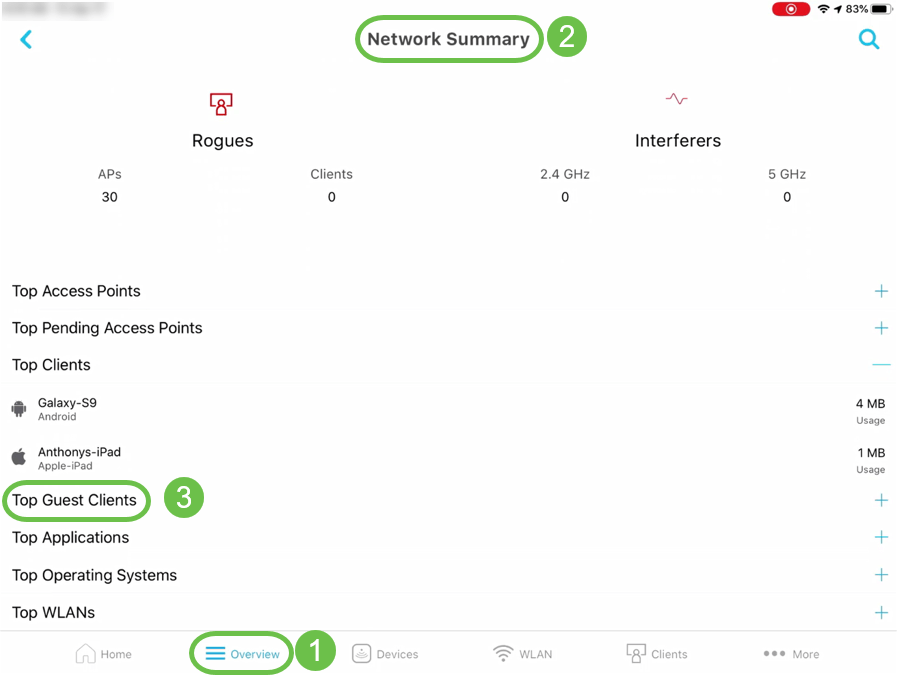 >On the mobile app, navigate to Overview > Network Summary > Top Guest Clients.