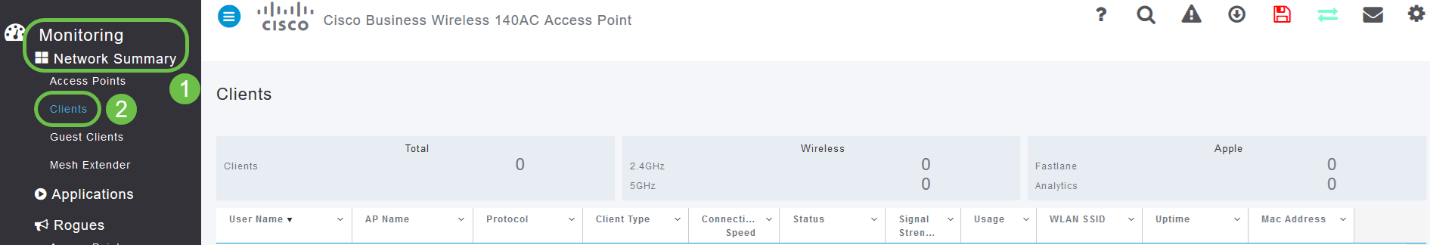 On the Web UI, navigate to Monitoring > Network Summary > Clients.
