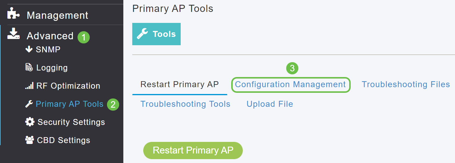 On the Web UI, navigate to Advanced > SNMP > Primary AP Tools > Configuration Management.