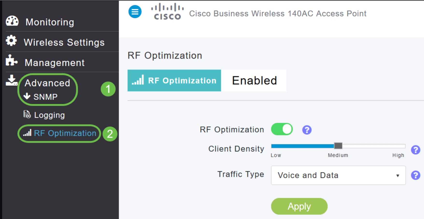 On the Web UI, navigate to Advanced > SNMP > RF Optimization.