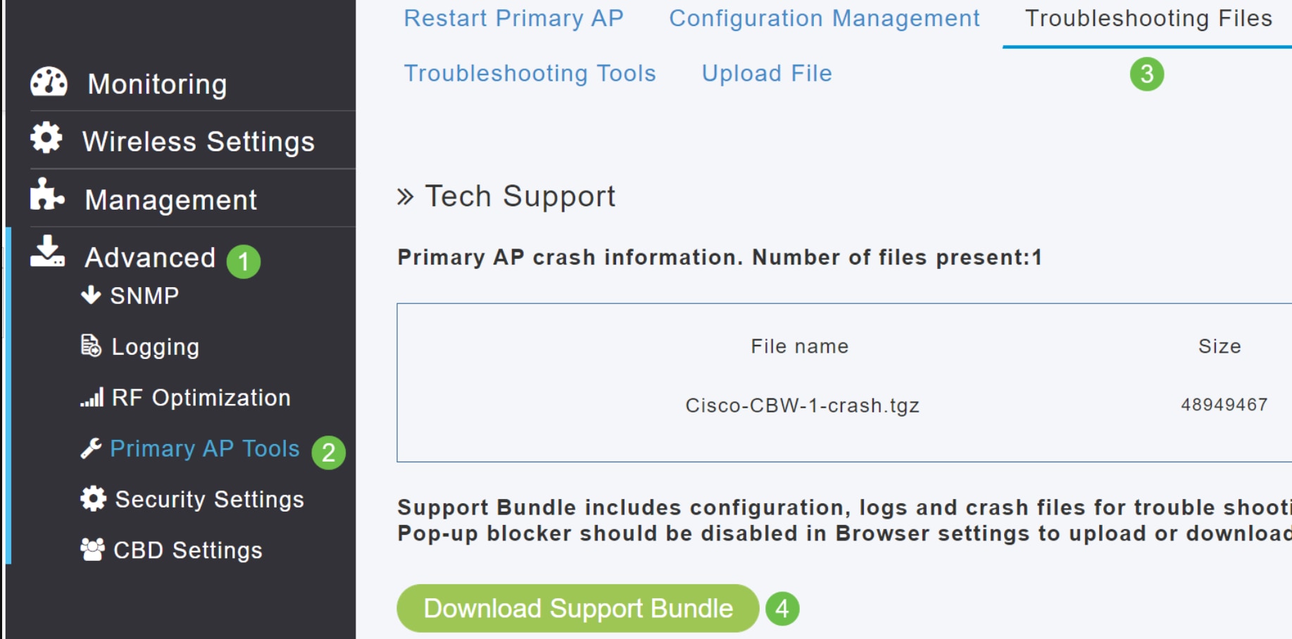 On the Web UI, navigate to Advanced > SNMP > Primary AP Tools > Troubleshooting Files > Download Support Bundle.
