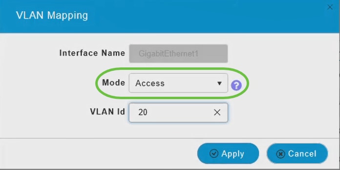 To configure an Ethernet interface as an Access port, in the Mode tab, select Access from the drop-down menu.