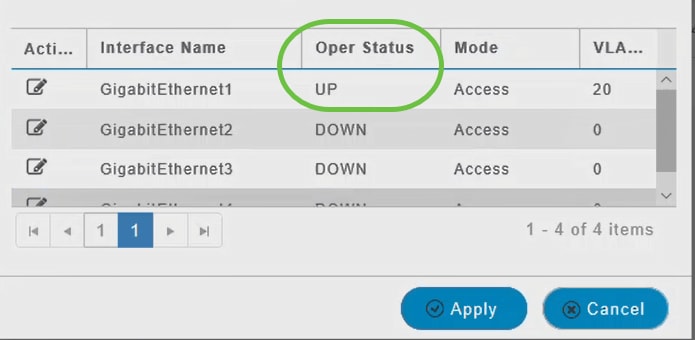 The Operational Status changes to UP when an Ethernet port is connected to a client.