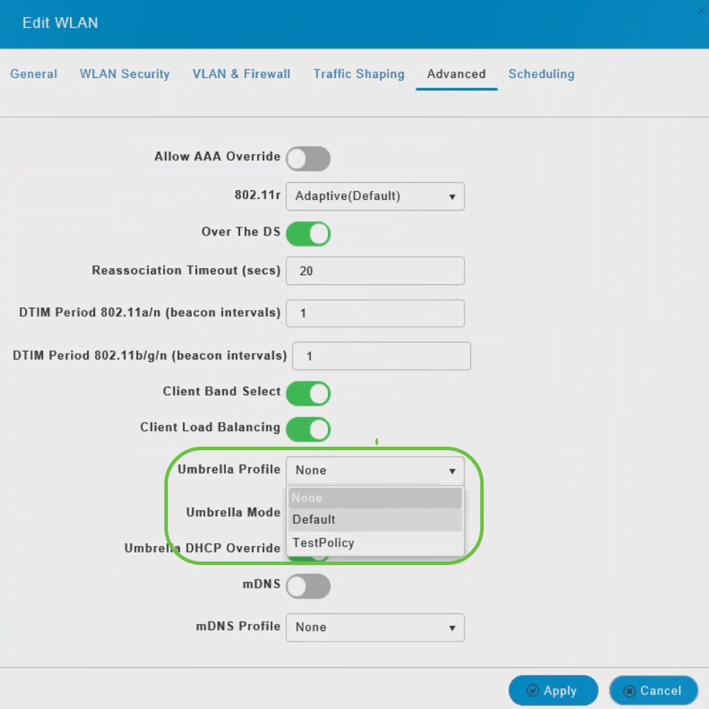 From the Umbrella Profile drop-down list, choose a profile that was created for the WLAN. 