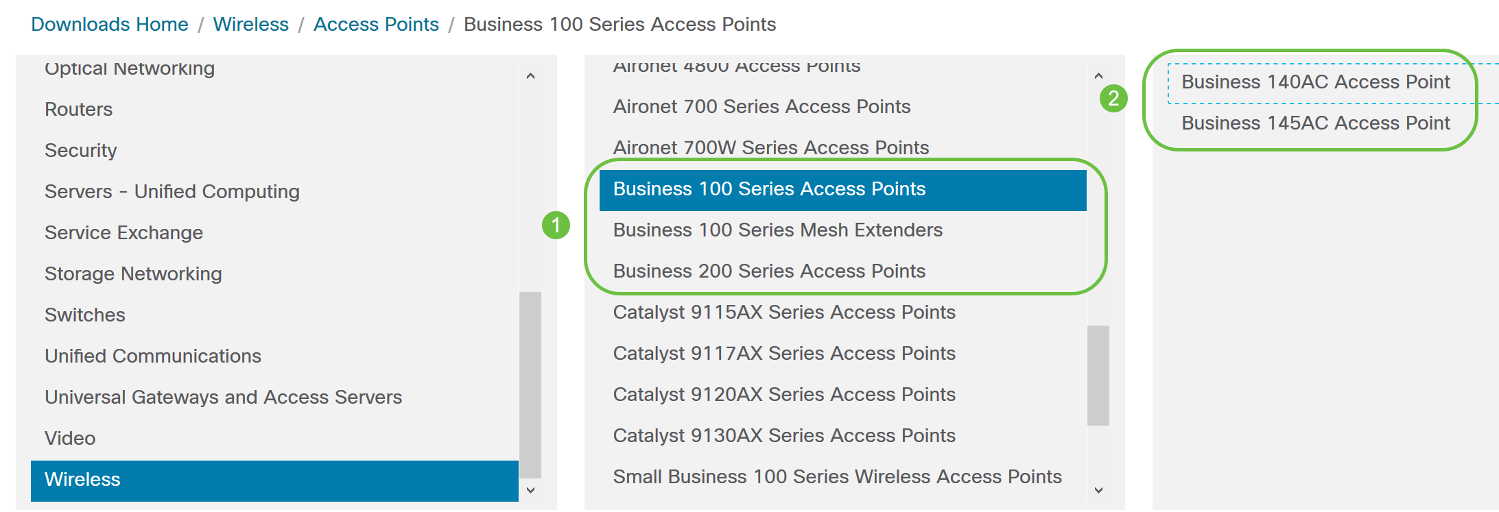 Based on your AP model, navigate to Cisco Business 100 Series Access Points/Cisco Business 200 Series Access Points and select one model of the models: 140AC/145AC/240AC. 