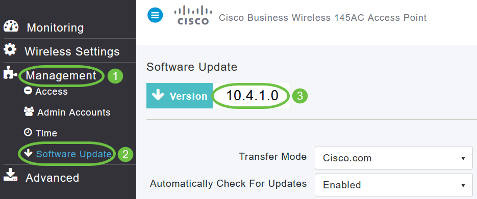 From the Primary AP web interface, choose Management > Software Update. The Software Update window with the current software version number is displayed. 