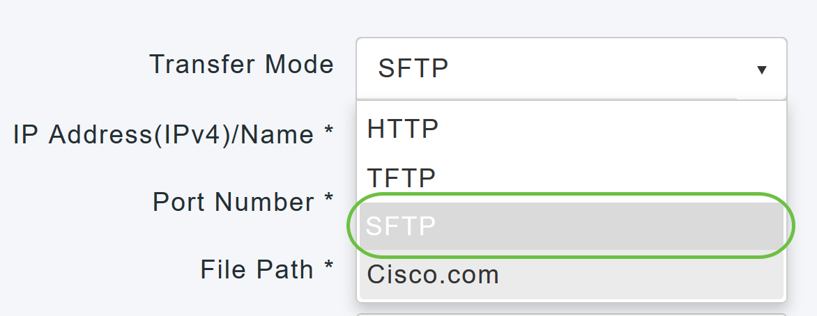 In the Transfer Mode drop-down list, choose SFTP. 