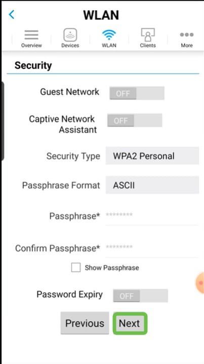 Application Visibility Control, Captive Network Assistant, Security Type, Passphrase, and Password Expiry can be added here. When you have added all configurations, click Next. 