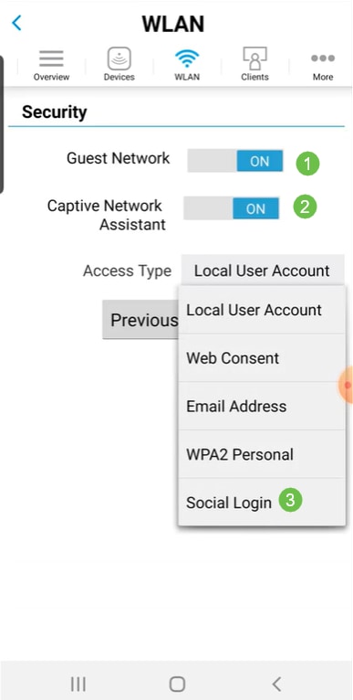 Turn on Guest Network. In this example, Captive Network Assistant is also toggled on, but this is optional. You have options for Access Type. In this case, Social Login is selected.