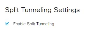 In the Split Tunneling Settings area, check the Enable Split Tunneling checkbox to allow Internet destined traffic to be sent unencrypted directly to the Internet. Full Tunneling sends all traffic to the end device where it is then routed to destination resources, eliminating the corporate network from the path for web access.
