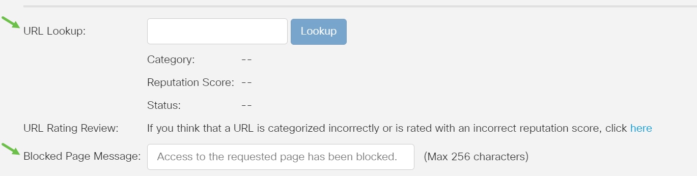 Other options include URL Lookup and the message that shows when a requested page has been blocked.