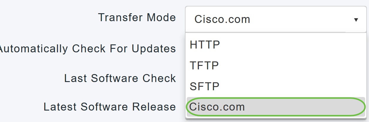 From the Transfer Mode drop-down list, choose Cisco.com. 