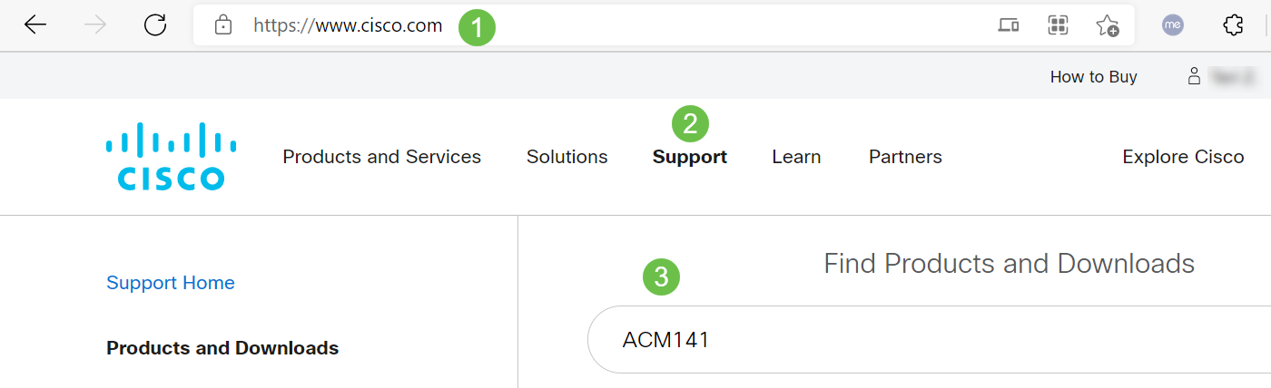 On the website, click Support. Enter ACM141, ACM142, or ACM143 depending on the ME you are going to add. Click Enter on your keyboard. A dropdown menu will open. Click Product Support. 