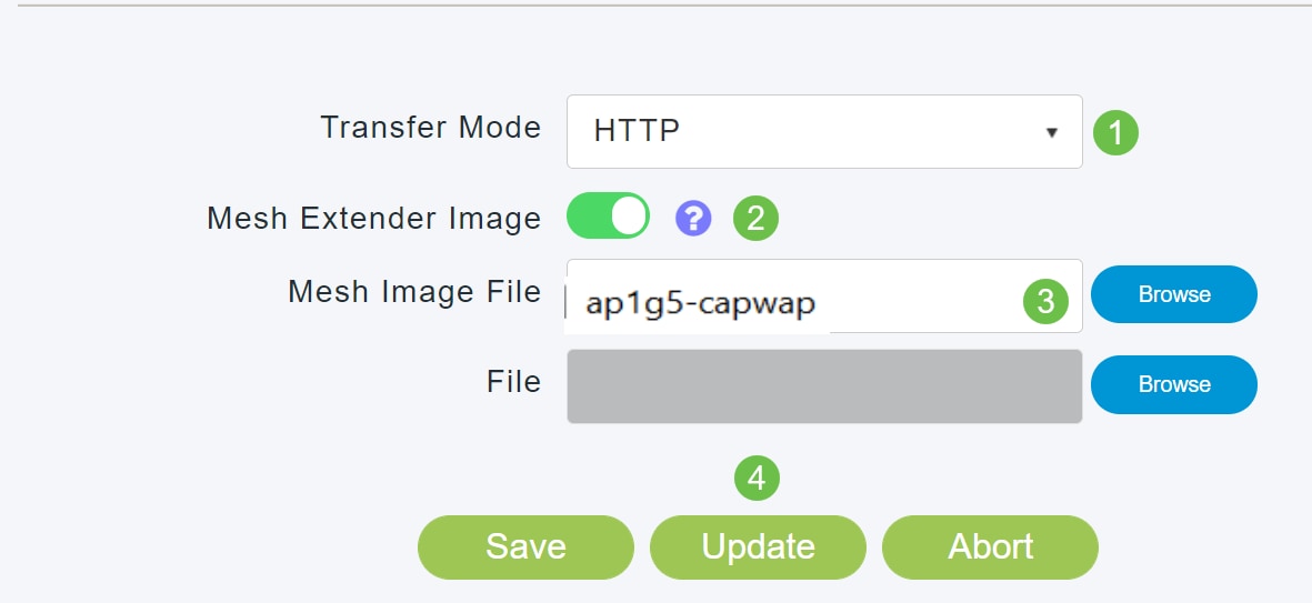 Select HTTP as the Transfer Mode. Toggle the Mesh Extender Image on. Add the file in the form of ap1g5-capwap from your PC. Updating the first mesh extender via HTTP requires at least firmware version 10.3.1.0 to be installed on the primary AP. 