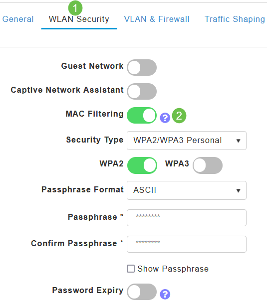 Navigate to WLAN Security tab and enable MAC Filtering by sliding the toggle. 