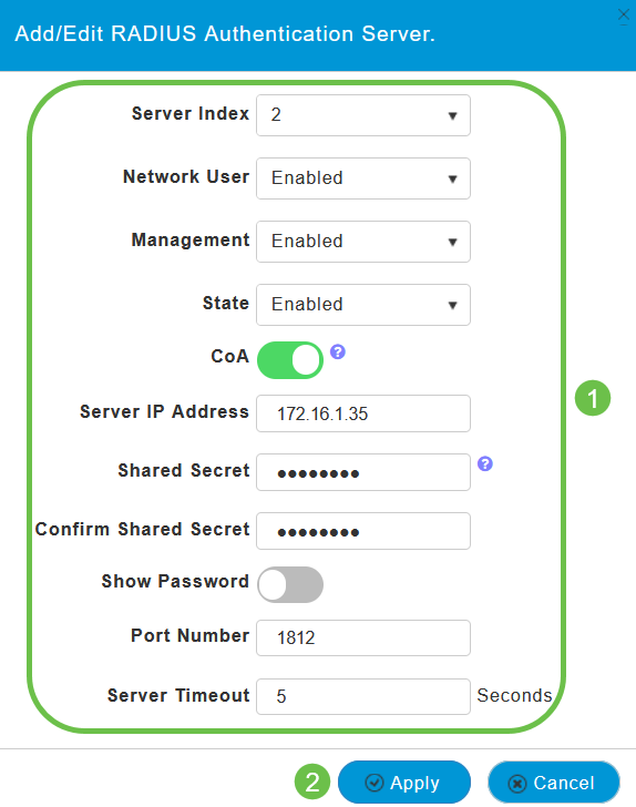 Configure the RADIUS Authentication Server and click Apply. 