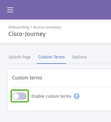The Custom Terms page, the highlight encircles the enable custom terms toggle button.