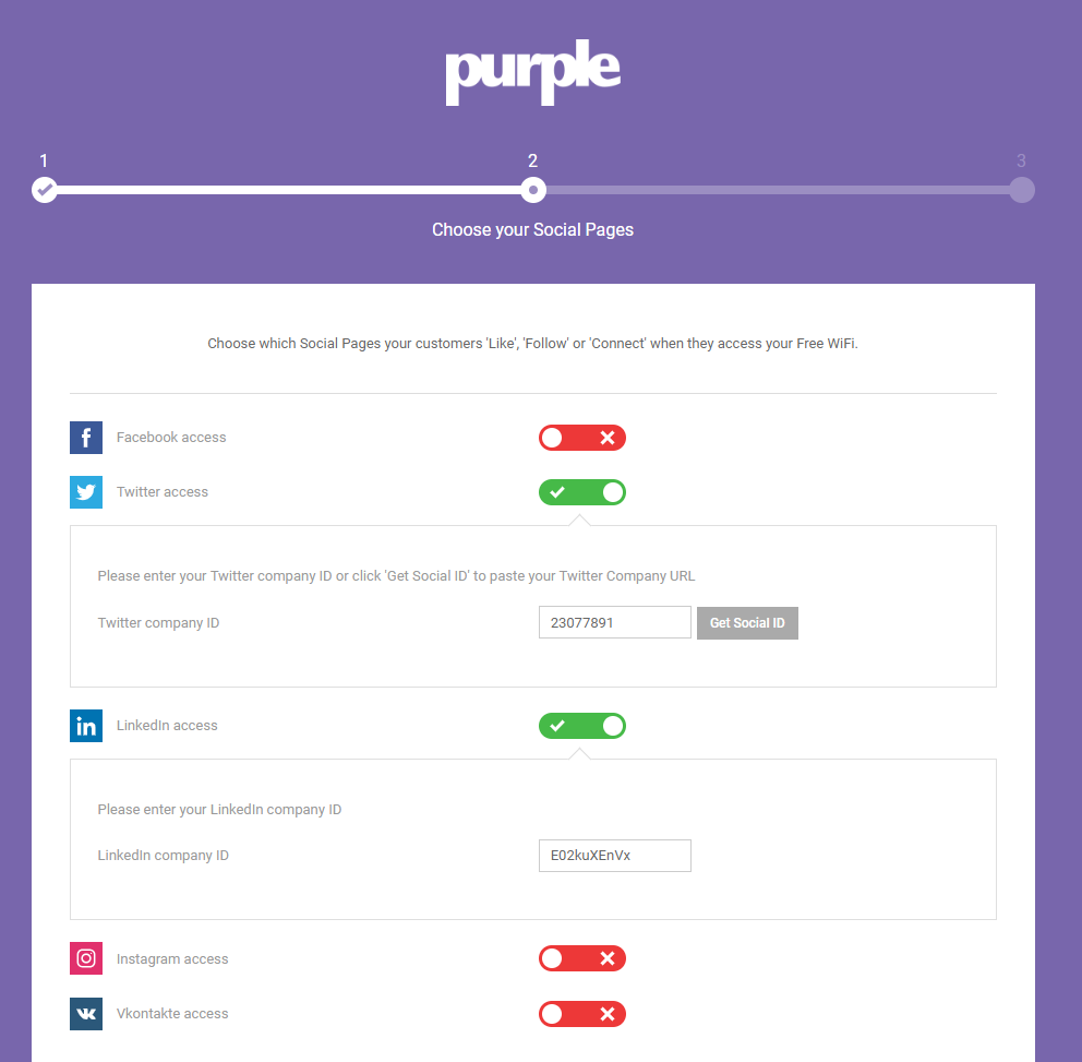 Step 2 of a 3 step wizard. Step 2, choose which social pages to offer users.