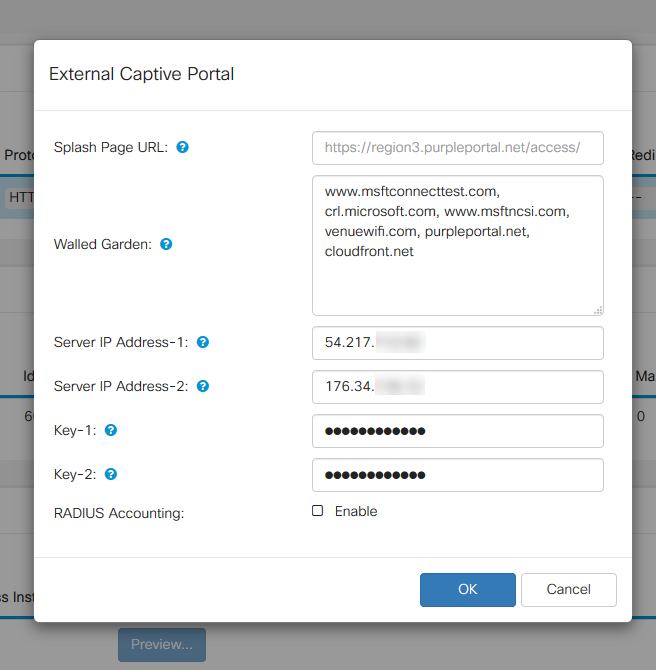 O indicador modal portal prisioneiro externo mostrado completamente com usuário incorporou URL.