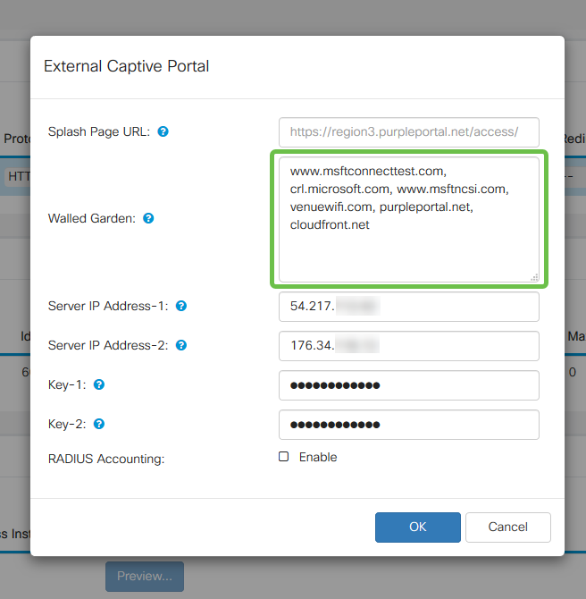 The Ex-cap portal modal window, highlighted is the Walled Garden field containing all URLs for completion of this task.
