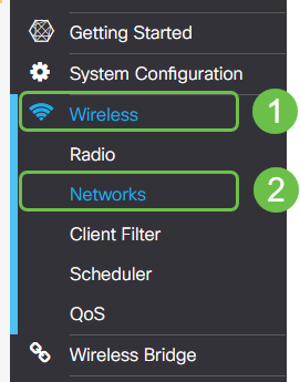 The main menu page of the WAP, a two click combo is highlighted - first Wireless and second Networks.
