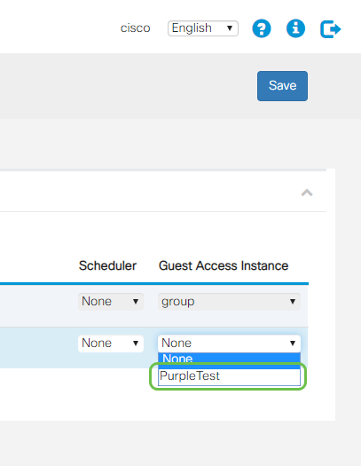 Now the Guest Access Instance drop-down is active with the PurpleTest instance highlighted.