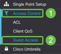 The Main menu bar of the WAP device, a two button combo click highlights Access Control, and Guest Access.