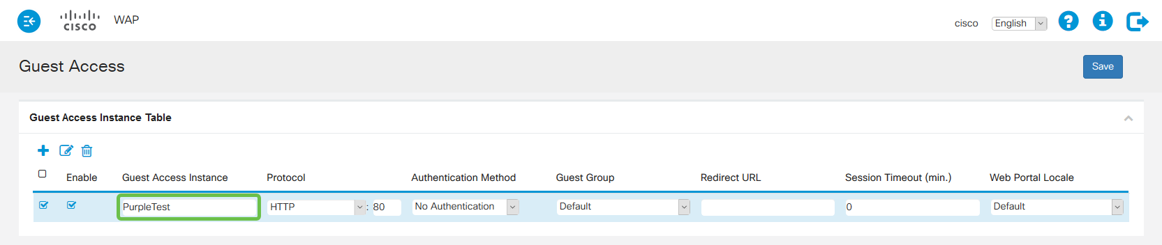 The Guest Access page, below the Guest Access Instance table, the instance name is entered as PurpleTest.