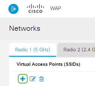 The Networks page, under the 5 GHz menu tab, the plus icon is highlighted.