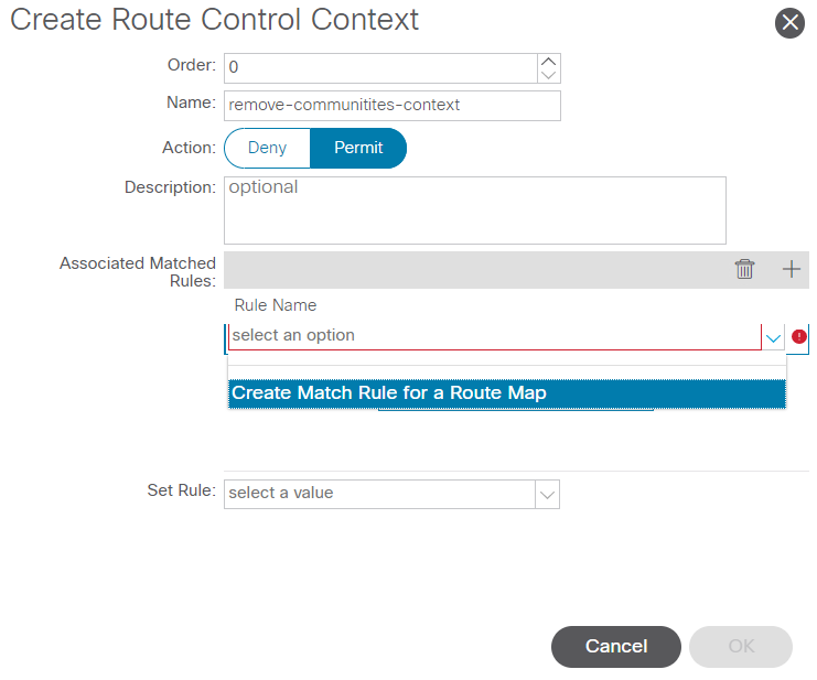 Create Route Control Context and select option for Create Match Rule for a Route Map