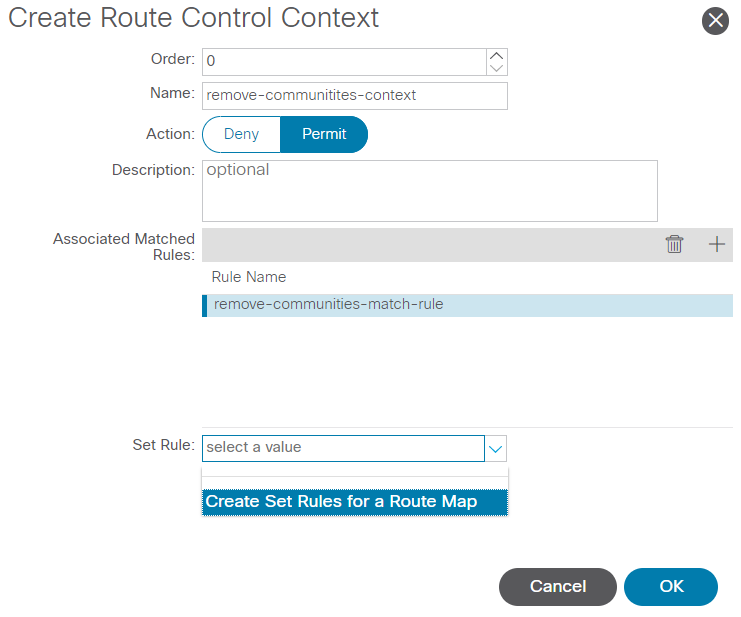 Select option to Create Set Rules for a Route Map
