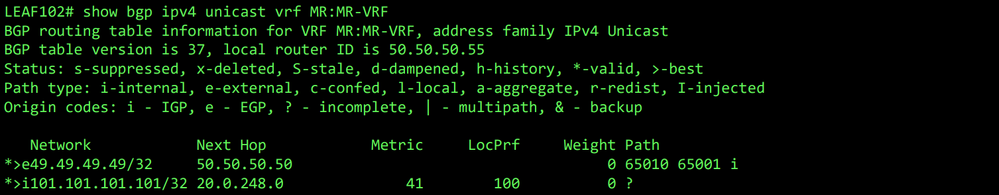 BGP IPv4 table for VRF MR:MR-VRF on LEAF102