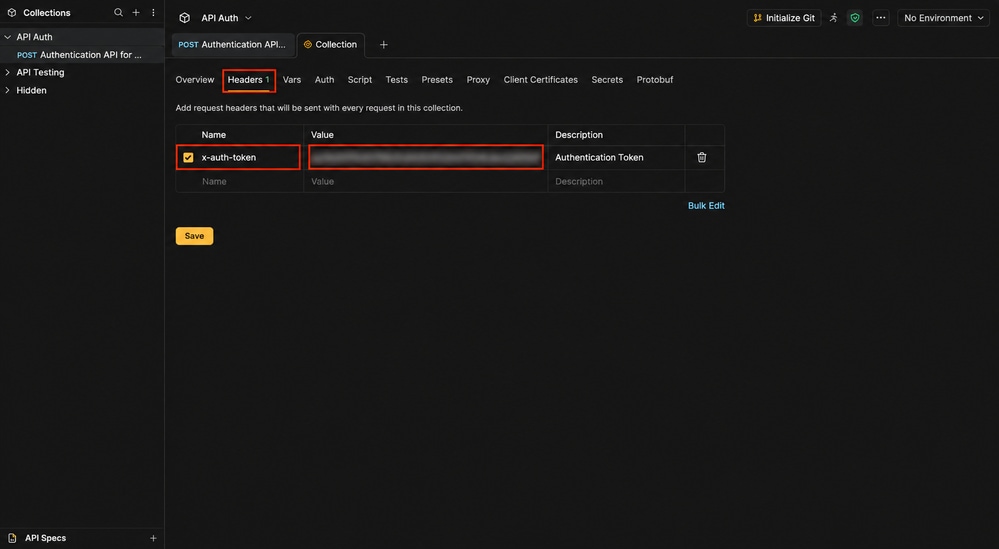 Inputting Global Headers for the API Collection in Bruno.