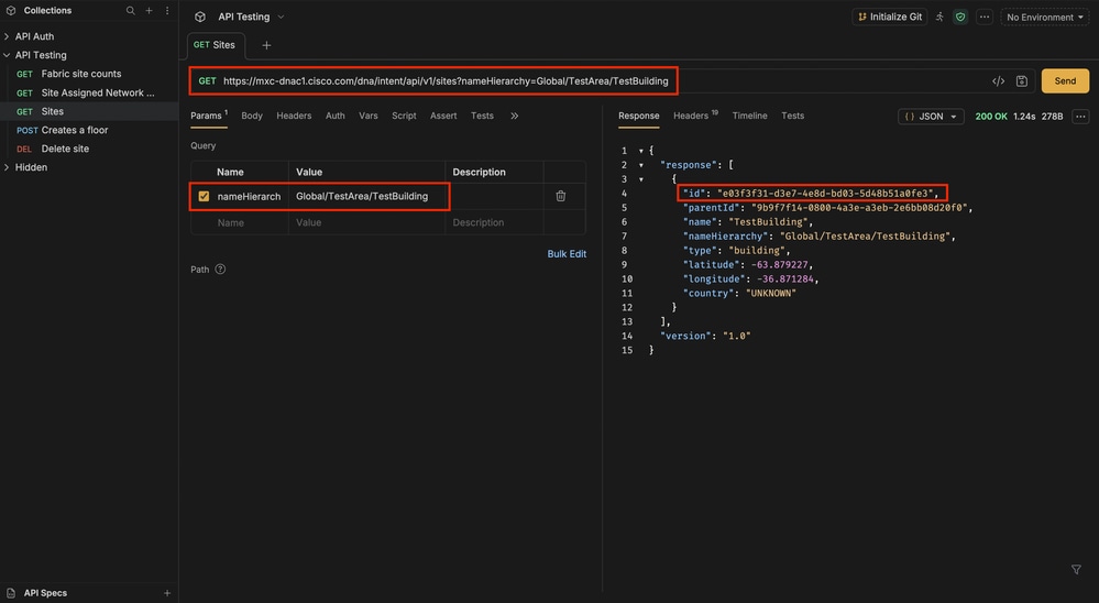 GET Request for /dna/intent/api/v1/sites?nameHierarchy=Global/TestArea/TestBuilding
